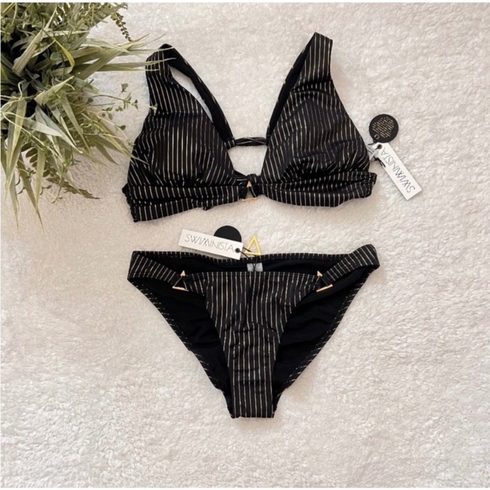 Swiminista Sleek Black Gold Metallic Pinstripe Bikini Set Sz L